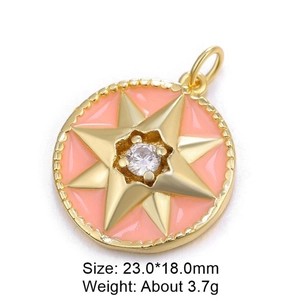 Gold pendant with pink enamel starburst and clear gemstone, size 23x18mm