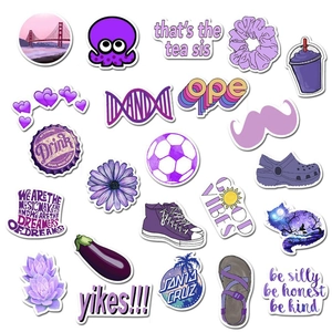 Flat lay of aesthetic purple stickers featuring octopus, flowers and cool slogans