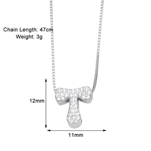 Detailed view of silver letter T pendant with zircon paving and dimensions 11mm x 12mm