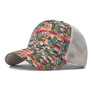 Detail of western style ponytail baseball cap with cactus print and white mesh back