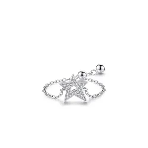 S925 sterling silver chain ring with a micro-pave zirconia star pendant on white background