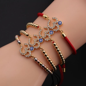 Evil Eye Bracelet Copper Cubic Zirconia Om Symbol Amulet Adjustable Braided Rope Jewelry For Women