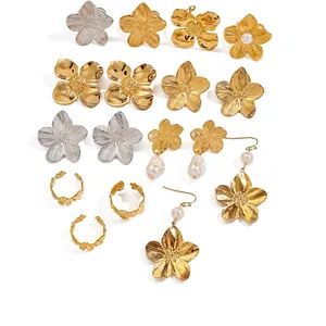 Floral Jewelry Stainless Steel Earring Post Stud Dangle Earrings And Open Rings With Artificial Baroque Pearl Women French Style