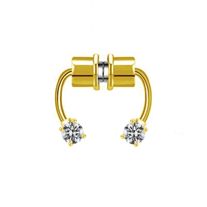 Macro shot of gold magnetic septum ring with clear cubic zirconia horseshoe detail