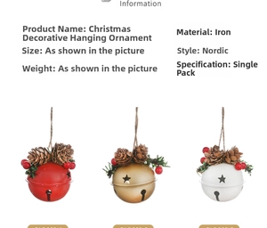 Detail of Nordic Christmas bell ornaments with pine cones and red berries on white background