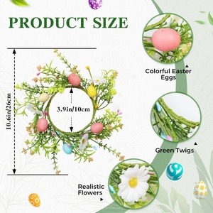 Detail view of Easter egg wreath with dimensions and close-ups of daisy textures