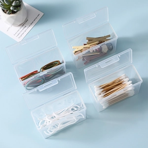 Clear plastic storage box with flip lid for organizing cards and small items