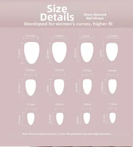 Size chart for short almond press-on nails featuring 12 different sizes and dimensions
