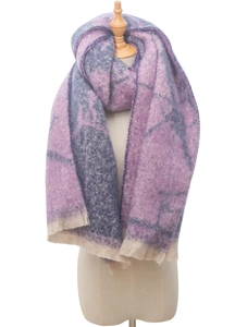 Close-up of pink and grey bouclé yarn jacquard scarf with decorative fringe details