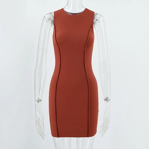 Detail of rib-knit texture and slim fit stitching on sleeveless brick red midi dress