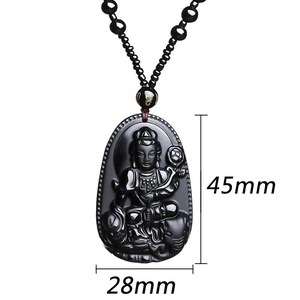Obsidian Samantabhadra Buddha necklace with black beads and 45mm pendant