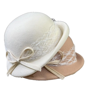 French wool felt pillbox hat for women with lace mesh and silk bow in white and camel