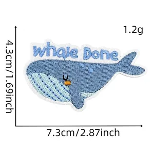 Detailed dimensions of a cartoon whale embroidery patch with whale Done text