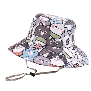 Kids wide brim bucket hat featuring colorful cartoon animal prints and adjustable chin strap