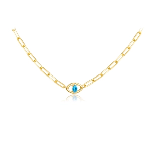 Gold plated S925 silver paperclip chain necklace with a blue marquise eye pendant