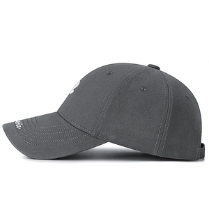 Deep grey cotton baseball cap with white embroidery and etic text on a white background