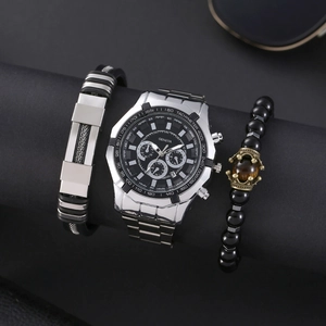 Detailopname van Geneva herenhorloge met zwarte wijzerplaat en bijpassende armbanden