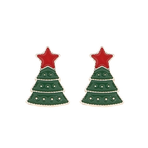 Detailed close-up of a Christmas tree stud earring featuring festive red and green enamel coating