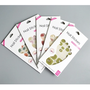 Detail of 22 pieces 3d nail stickers in white card packaging with assorted fashion designs