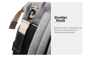 Detail showing high-quality stroller hooks on a grey multifunctional diaper bag backpack