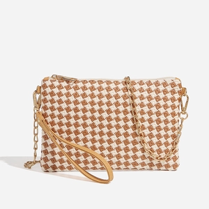 Checkerboard Woven Crossbody Bag For Women Small Shoulder Handbag With PU Leather Wristlet And Metal Chain Strap Beach Style