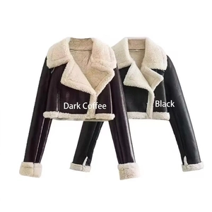 Women Cropped Faux Leather Biker Jacket Faux Fur Lined Lapel Long Sleeve Moto Outerwear Casual Streetwear