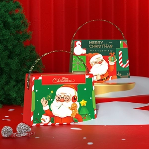 Festive Santa and Snowman Christmas gift boxes with golden metal handles and holiday illustrations