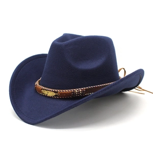 Navy blue wool felt cowboy hat with gold feather metal charm and woven brown band