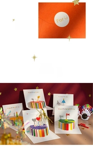 Detailed 3D pop-up birthday card with golden foil stickers and festive star decor