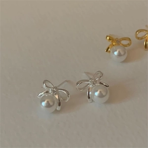 Bowknot Faux Artificial Pearl Stud Earrings With 925 Sterling Silver Earring Post Elegant Bow Knot Jewelry For Women