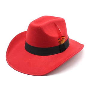 Classic red wide brim fedora hat with black ribbon and feather accent for men and women