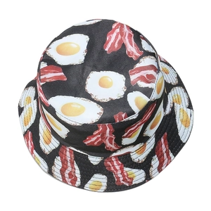 Classic black bucket hat with realistic fried egg and bacon food print for summer sun protection