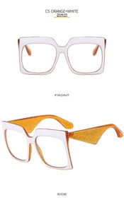 Front and side view of oversized white square glasses with orange glitter temples