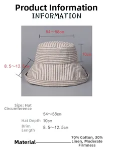 Size specifications of a striped cotton-linen sun hat with 8.5-12.5cm wide brim detail