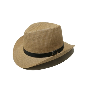 Detail of hand-woven straw fedora hat featuring a black thin leather band and metal buckle