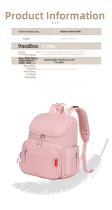 Pink quilted diaper backpack size 29x36x16cm with durable oxford fabric material