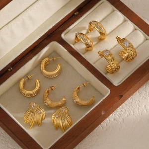 Boucles D'oreilles Créoles En Forme De C En Acier Inoxydable 304 Avec Zircone Plaqué Or PVD Pour Femmes