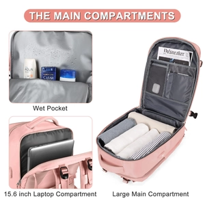 Detail of pink travel backpack featuring wet pocket and 15.6 inch laptop compartment