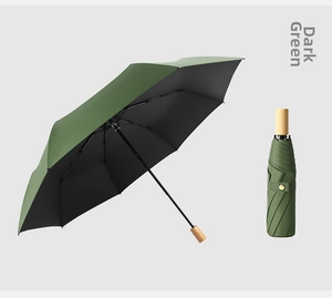 Detail of dark green automatic umbrella with black sun protection coating and wooden handle
