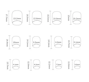 Detailed size chart showing widths and lengths for 12 sizes of press-on nails in mm