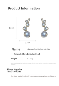 Detailed view of Baroque pearl earrings with size dimensions and material information