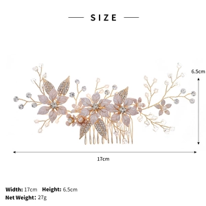 Detail showing dimensions of bridal hair comb with gold flowers and pearls