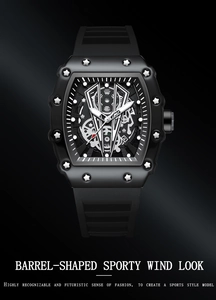 Detail of tonneau-shaped watch dial with skeleton mechanical movement and black silicone strap