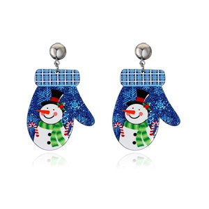 Boucles d'oreilles gants de Noël bleus à paillettes avec motif bonhomme de neige
