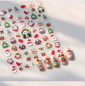 3D relief nail stickers featuring Christmas panda, Santa, and tree on white base