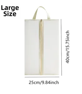 Large mesh travel shoe bag with central zipper and handle showing size dimensions