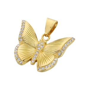 Golden stainless steel butterfly pendant necklace inlaid with sparkling white zircons