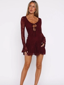 Elegant wine red lace mini dress with long bell sleeves and a sexy open-back design