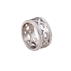 Fashionable titanium steel openwork ring with double rows of pavé cubic zirconia
