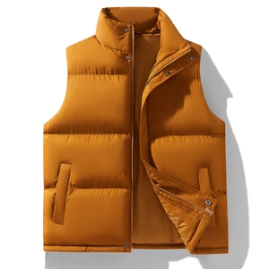 Men's autumn winter quilted vest with stand collar and zipper pockets in shiny brown